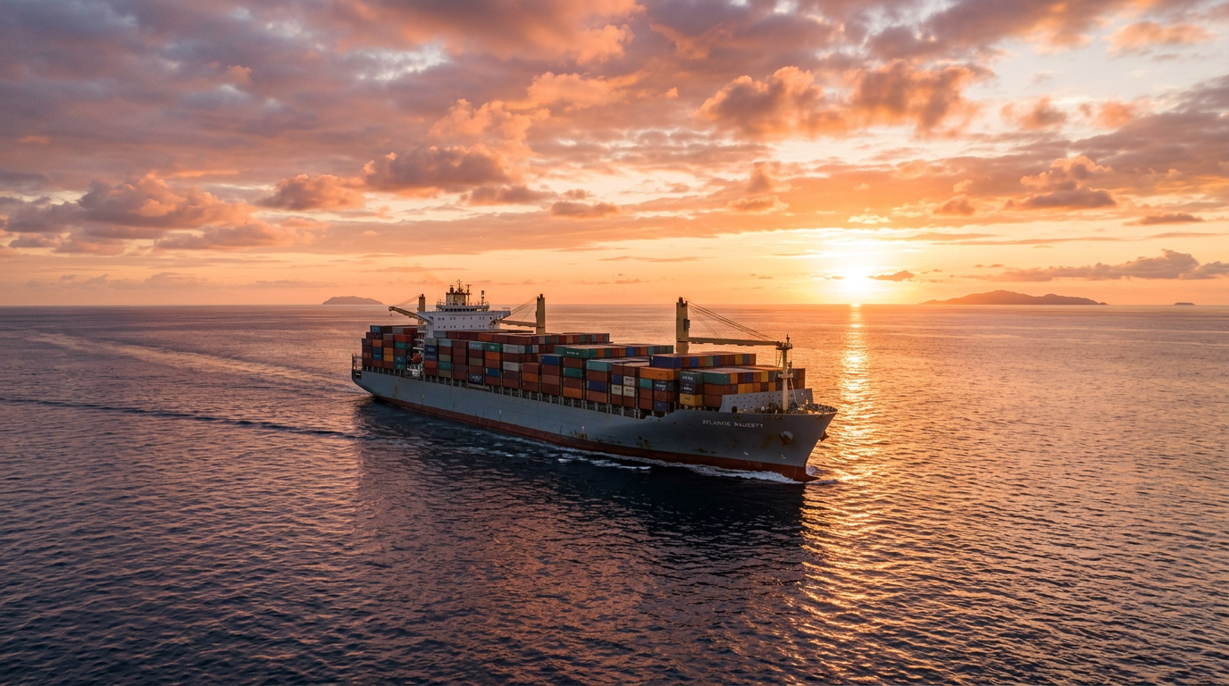 Finished commercial vessel at sea at sunset