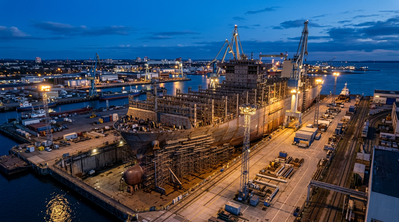 Modern ship under construction in a shipyard dry dock