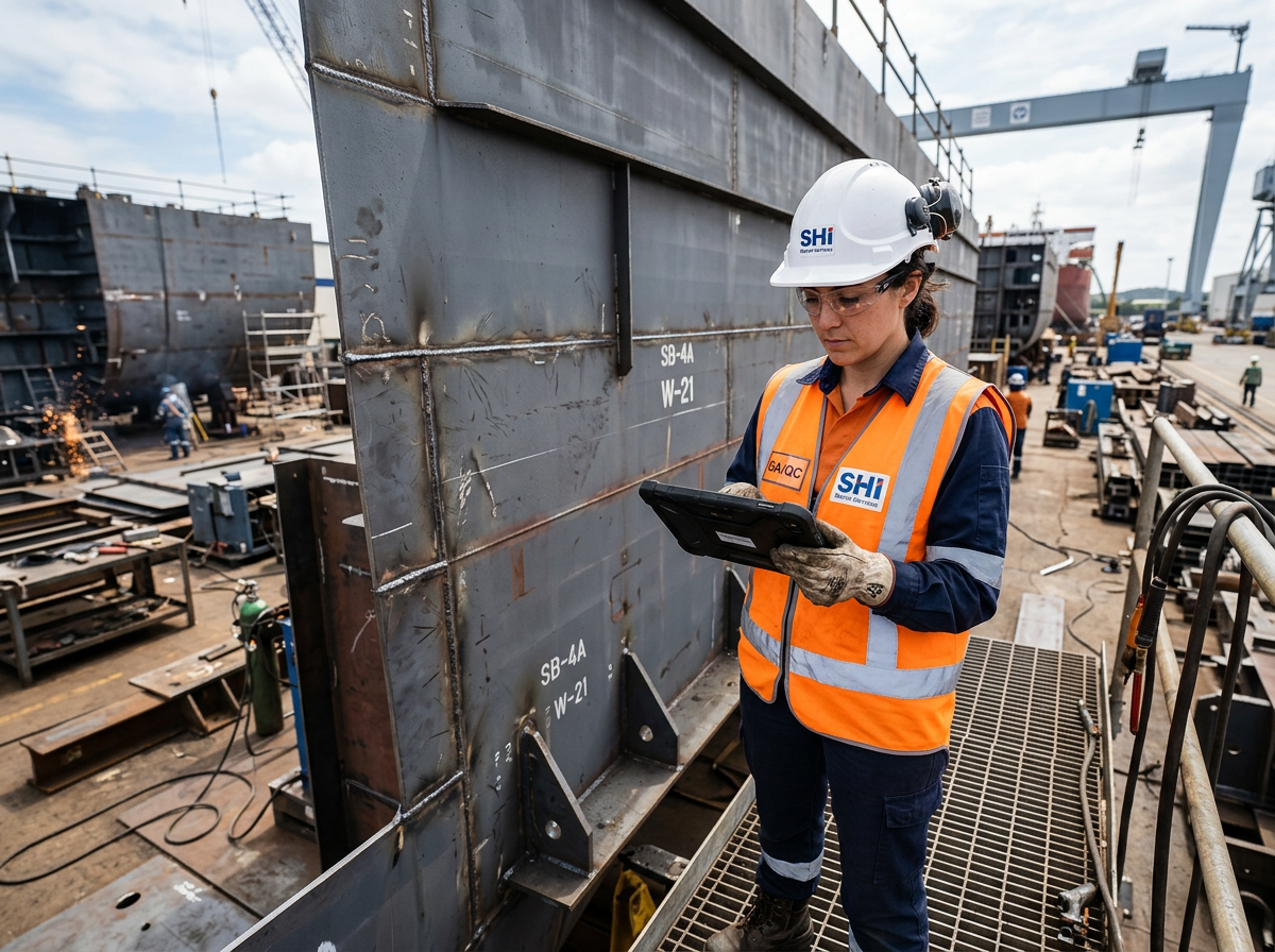 Marine QA inspector using a tablet to inspect a ship hull block
